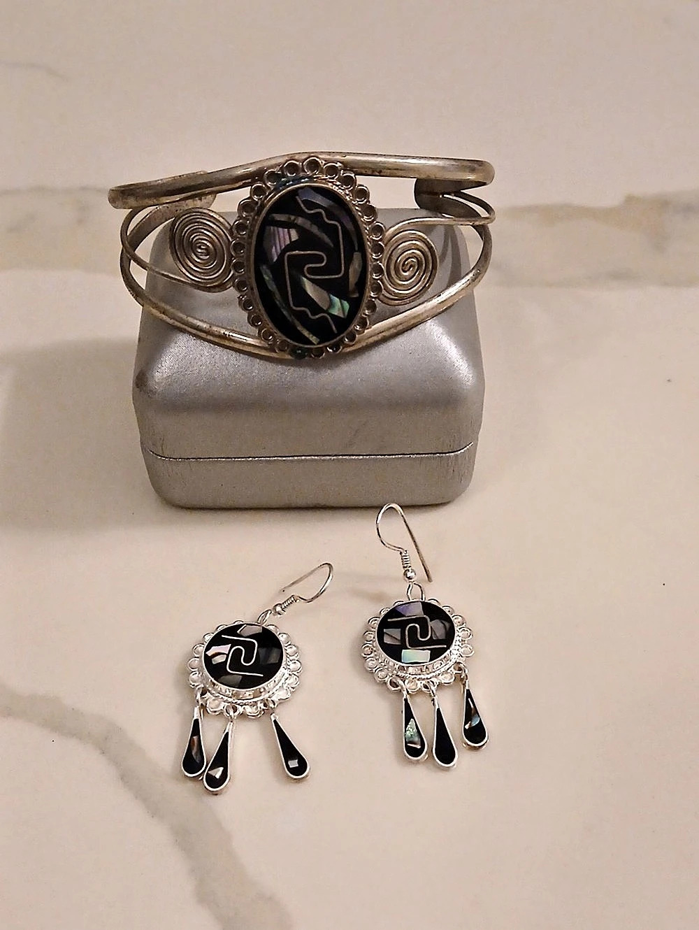 Vintage Alpaca Silver & Black Abstract Jewelry Set